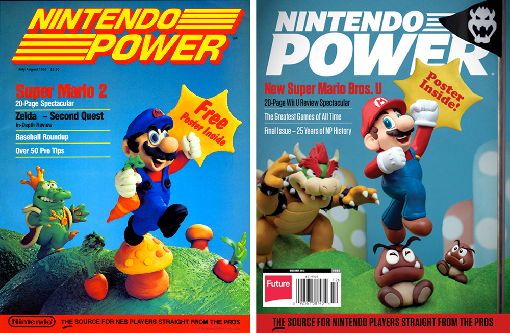 La primera y la última portada de la Nintendo Power, en la que 24 años después se rendía homenaje a su historia.